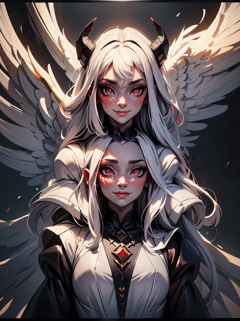 a beautiful angel with black horns, matte black patchy vitiligo skin, wearing a sleek black dress, with a white tail, a pair of large white wings, sharp red eyes, a sharp smile, and semi-wavy white hair, cinematic lighting, dark moody colors, highly detailed, digital painting, concept art, photorealistic, 8k, best quality