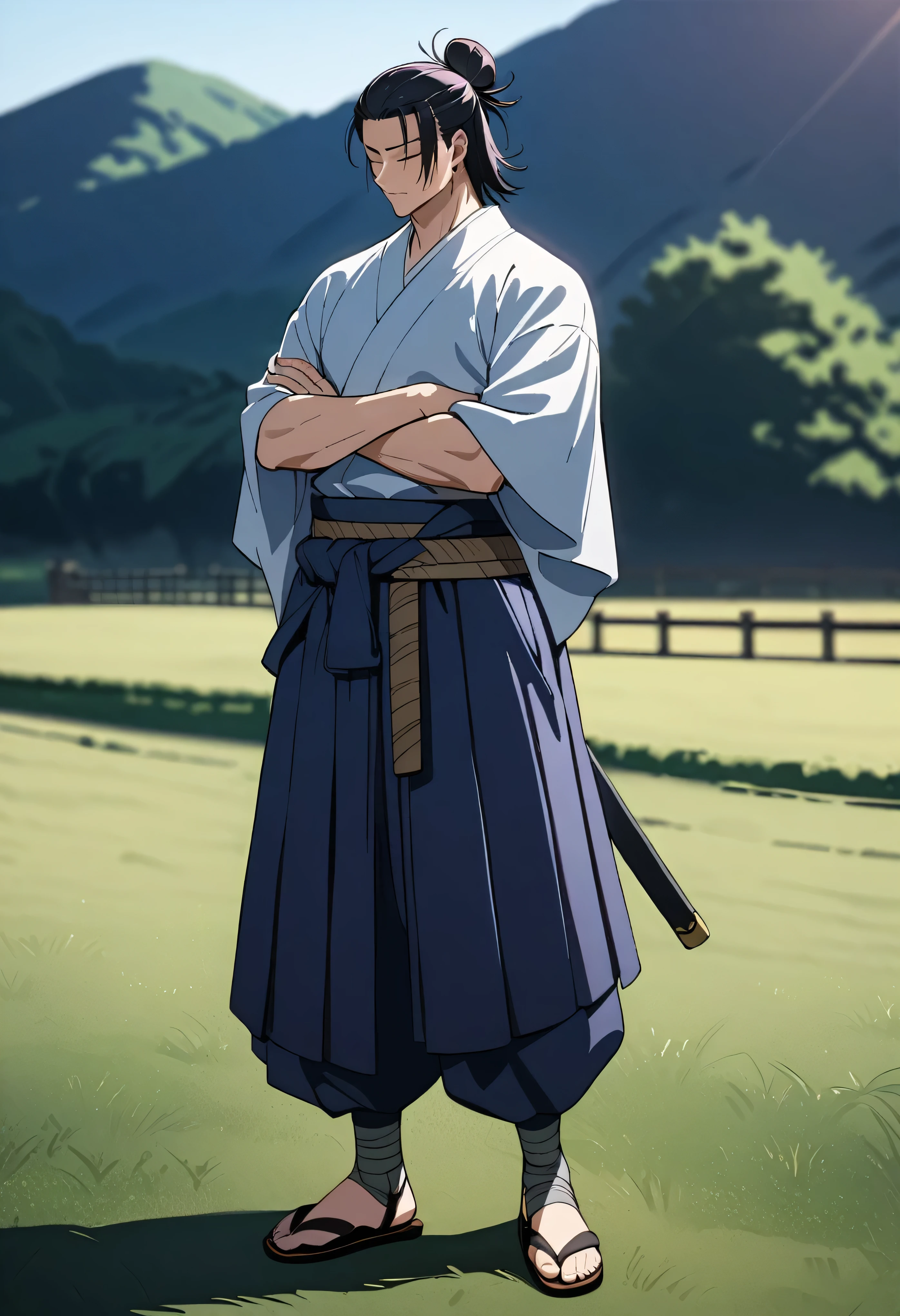 masterpiece, best quality, perfect lighting, high resolution, 1 guy, samurai, muscular, (tall stature), slim build, black hair, (manbun samurai hairstyle), spiky dual bangs, shut eyes, calm demeanor, handsome, (masculine face), (white baggy long-sleeve kimono top), long faded-blue cloth wrapped around waist, (thick light-purple rope wrapped around waist), mildly baggy navy-blue pants, (black bandages wrapped over ankles), black sandals, ((sheathed katana behind on waist)), arms crossed, full body view, three-quarter view, pasture background, (detailed background)