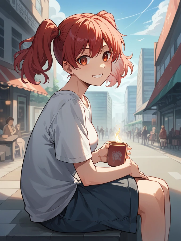 (digiNokia:1.3) , red hair, twintails, medium breast, energy, active, sitting, outdoors, uper body close_up, side view, looking at viewer, holding a cup of cofee, smile, City background, crowded, background blur, casual outfit, masterpiece, high quality, score_9, score_8_up, score_7_up, score_6 