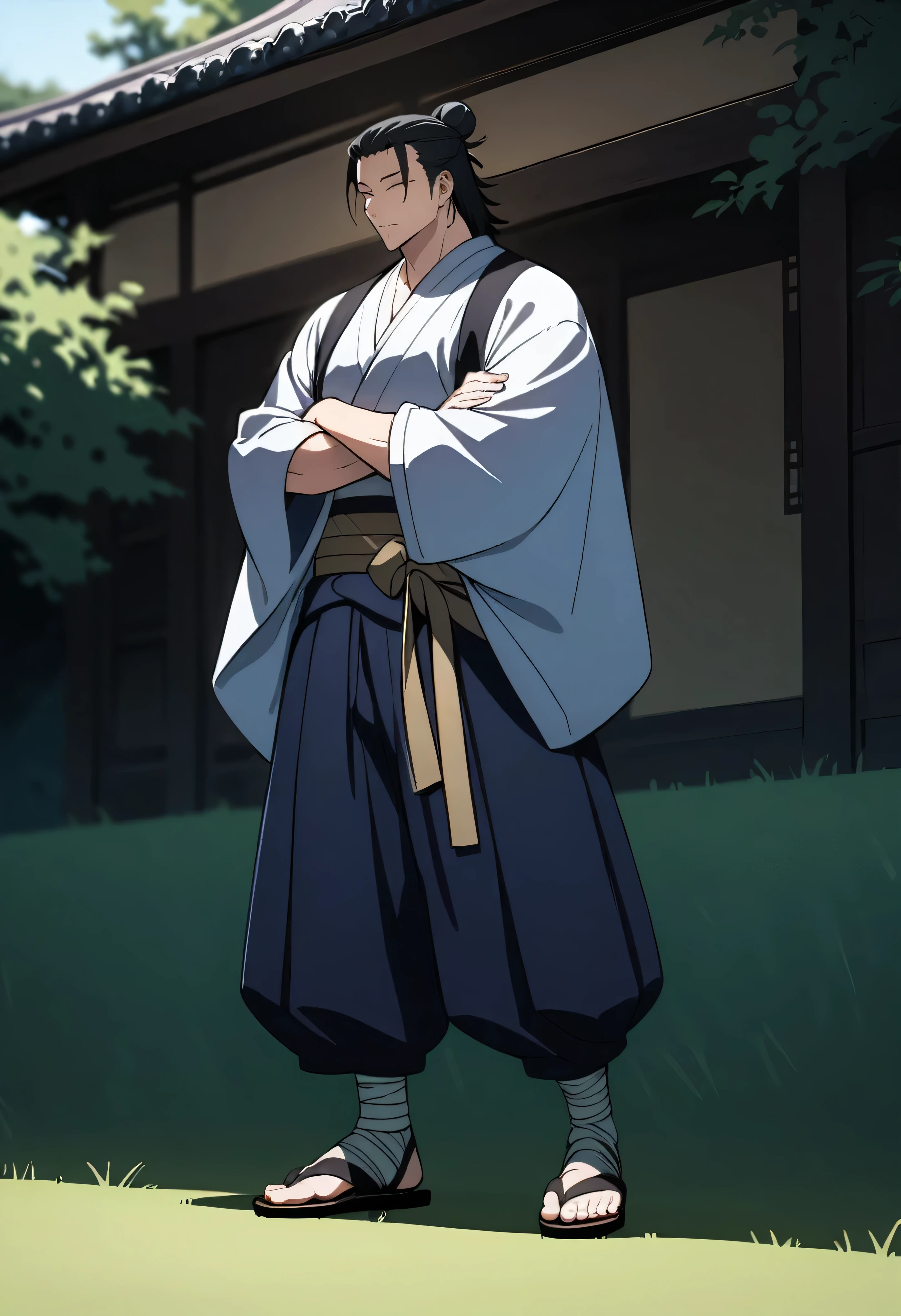 masterpiece, best quality, perfect lighting, high resolution, 1 guy, samurai, muscular, (tall stature), slim build, black hair, (manbun samurai hairstyle), spiky dual bangs, shut eyes, calm demeanor, handsome, (masculine face), (white baggy long-sleeve kimono top), long faded-blue cloth wrapped around waist, (thick light-purple rope wrapped around waist), mildly baggy navy-blue pants, (black bandages wrapped over ankles), black sandals, ((sheathed katana behind on waist)), arms crossed, full body view, three-quarter view, pasture background, (detailed background)