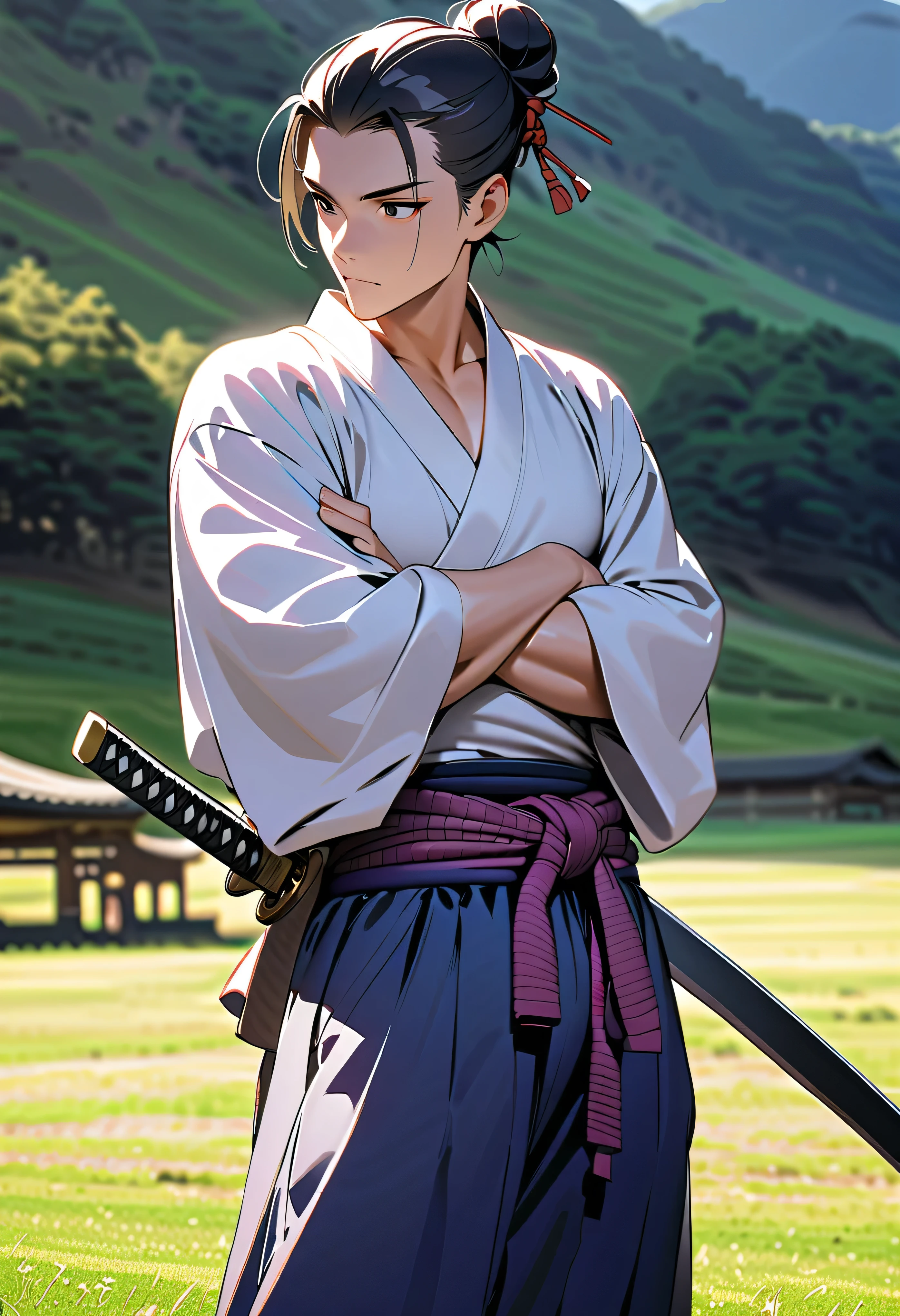 masterpiece, best quality, perfect lighting, high resolution, 1 guy, samurai, muscular, tall stature, slim build, black hair, (manbun samurai hairstyle), spiky dual bangs, black eyes, calm demeanor, handsome, (masculine face), (white baggy long-sleeve kimono top), long faded-blue cloth wrapped around waist, (thick light-purple rope wrapped around waist), mildly baggy navy-blue pants, (black bandages wrapped over ankles), black sandals, sheathed katana on waist, arms crossed, full body view, three-quarter view, pasture background, (detailed background)