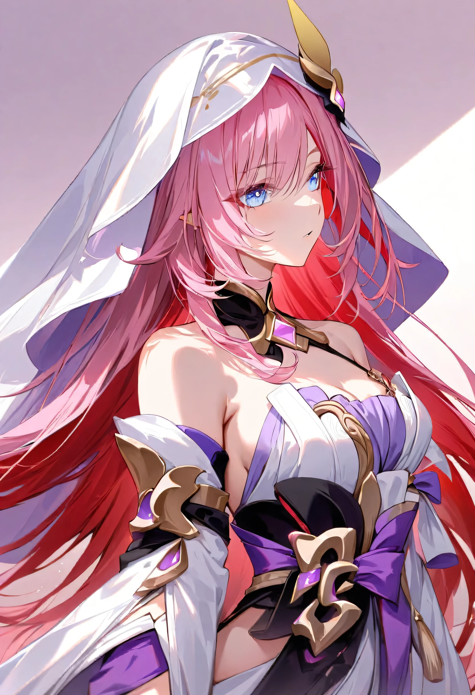 score_9, score_8_up, score_7_up, masterpiece, best quality, absurdres, vibrant, highly detailed, 1girl, adult grown woman, elysia \(herrscher of human:ego\) \(Honkai impact\), pointed ears, pink hair, blue eyes, long hair, diamond-shaped pupils, looking to the side, heavy breathing, (traditional Japanese bridal kimono:1.6), (white ceremonial robe:1.5), (red inner lining:1.4), (silk fabric with subtle crane patterns:1.3), (hooded veil:1.5), (red decorative tassels:1.4), (elegant knot accents:1.3), (long flowing sleeves:1.4), (modest and graceful design:1.5), (traditional Japanese aesthetic:1.4), (bridal formality:1.6), (minimalistic accessory style:1.4), (classic Japanese cultural attire:1.5)