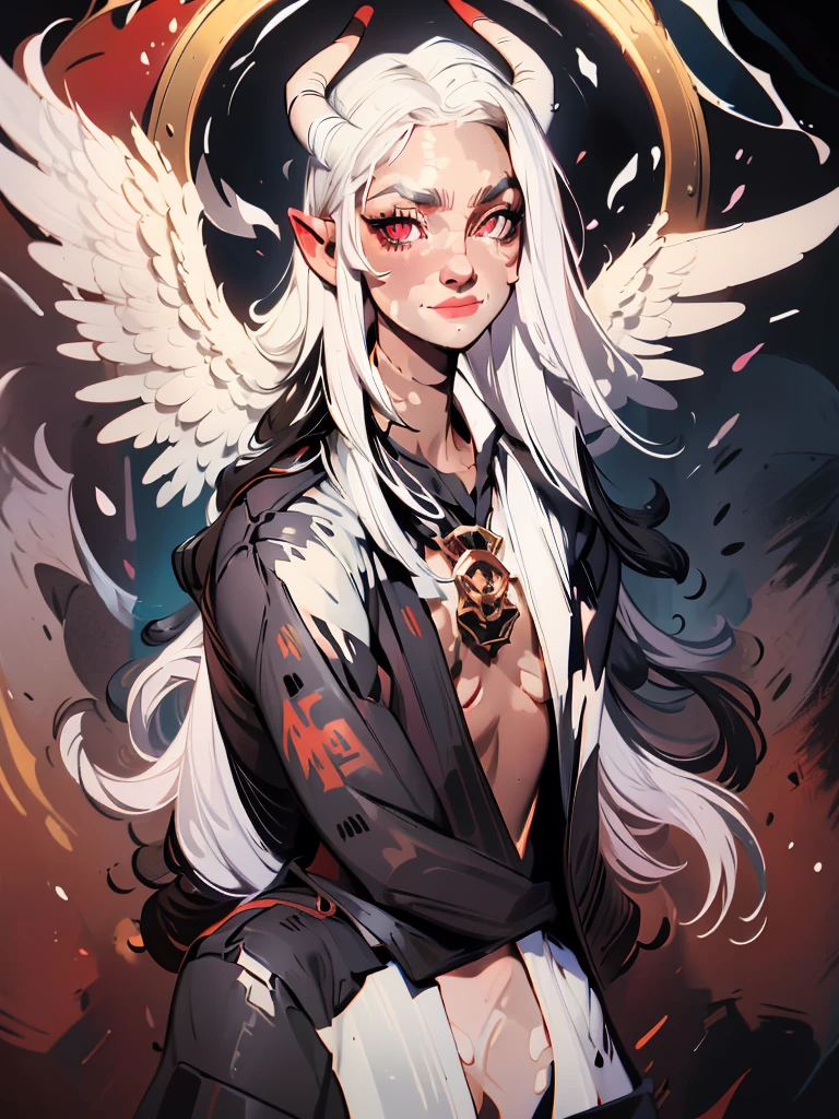 Angel with black horns, with matte black patchy vitiligo, wearing a black dress, with a white tail, with a pair of white wings, with sharp red eyes and a sharp smile, semi-wavy white hair, with a small multi-colored rhombus-shaped gem embedded in the center of the chest.