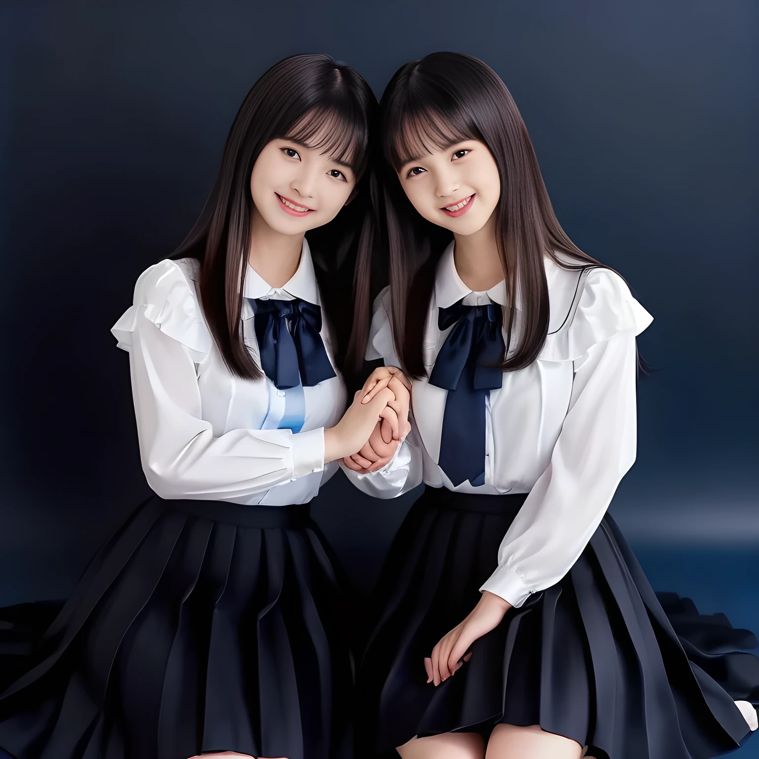 (Highest quality, masterpiece:1.2), Highest quality, High resolution, 1080P, 8k, height: 158cm, (Two yo Japanese beautiful fashion model is seated facing each other and high-touching, cute skirt with beautiful knees, putting her hands front and beautiful fingers, looking at the viewer, can't stop showing cute smile open mouth because of feeling too funny about the viewer, very white-white face, very proud of her long straight hair, using face-whitening cosmetics, prominent eyes, opened laughing giggling most open mouth, too expensive luxurious glossy feminine frilled ivory silk blouse, woolen navy-checkered-pleats-school-skirt and bewitching ribbon on the breast, well-straitened super-super-long well-trimmed long hair: 1.5), (white thighs and knees: 1.7), (Well-balanced, prominent, lovely, drooping, double-eyelids, brown shiny large prominent eyes with detailed: 1.5), ((Beautiful well-figured glossy opened laughing lips: 1.2)), (mature breast), (Girl whom everyone loves because of her beauty and beautiful eyes and lovely fashion and noble manner), (Very beautiful, super-glossy, cute neat black amazingly long hair, straight well-done long hair-style: 1.3), (Drives me crazy for her glossy neat long hair and make me fall into love), (plain blue background: 1.6), (Best style like a 1o fashion model, mature breast), (((Completely balanced beautiful big big eyes, looking at me))), (eyes, face and hair are especially beautifully detailed and beautifully drawn: 1.5), (Satisfactory best shot by professional famous photographer for school girl's beauty: 1.5), (The soft white light clearly shows her face extremely white: 1.2), (Feel too luxurious and expensive, girly frilled), (Very soft laughing cheeks, very soft hands pulling the breast ribbon down, People who touch it feel eternal pleasure: 1.2), (Twins, A pair of too cute 14yo girls, Super long hair 14yo beautiful super-cute 14yo idol of girl photo magazine in Japan are touching each other's breast by hands: 2.0)