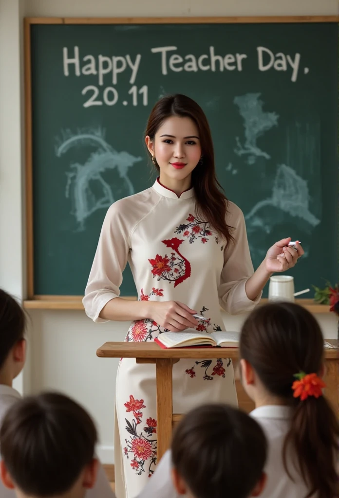 Vietnamese ao dai, aodai, non la, Lisamy, full body view, đứng trên bục dài giảng bài, cầm trên tay viên phấn và quyển sách, phía dưới là các học sinh đang tập trung lắng nghe, sát phía sau lưng là tấm bảng, with the words "Happy Teacher Day 20.11" written in white chalk, in the classroom, a teacher, nón lá Việt Nam truyền thống, long legs, perfect face, long coat, long sleeves