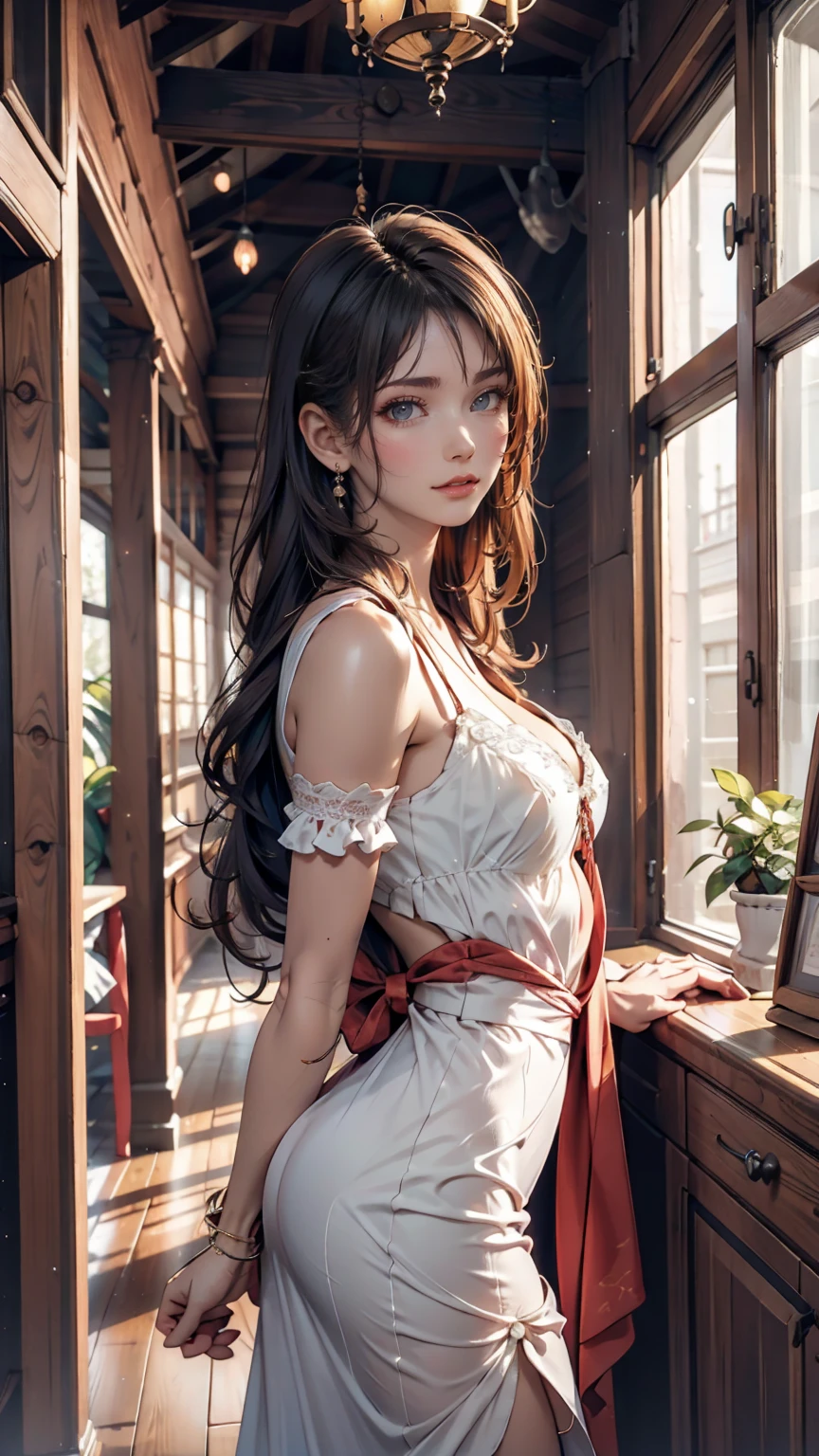 girl, (beautiful face, cute face, 18 years old), brunette, long straight hair, medieval dress, off shoulder, midriff, (tiny waist, flat stomach, narrow hips):1.4, inside cozy medieval cabin, soft lighting, smiling, blush, looking at viewer,  sultry look, seductive,
