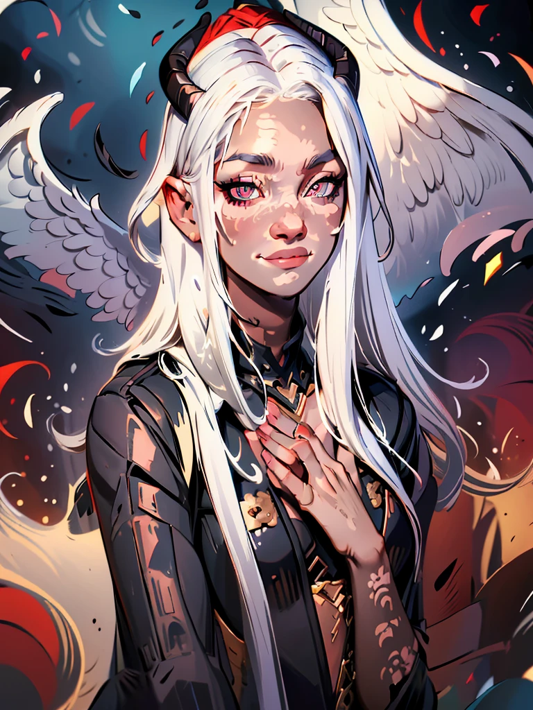 Angel with black horns, with matte black patchy vitiligo, wearing a black dress, with a white tail, with a pair of white wings, with sharp red eyes and a sharp smile, semi-wavy white hair, with a small purple/red diamond-shaped gem embedded in the center of the chest.