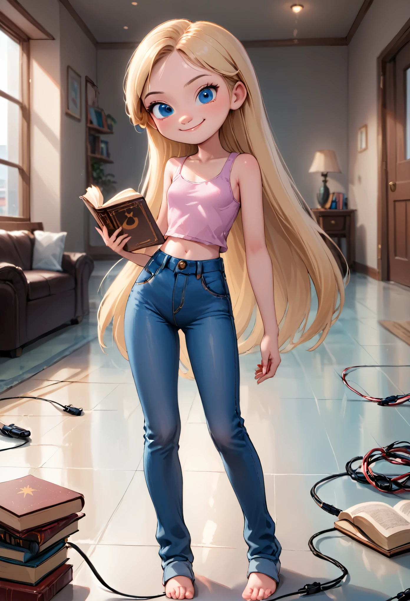  girl, young, full body, (solo 0.6), straight blonde hair,  very long hair, blue eyes, slender body, thin waist, tiny breasts, indoors, pink tank top, tight shirt, bare midriff, denim jeans, smirk, holding a book, wires on floor, cute, (disney pixar style 0.5)