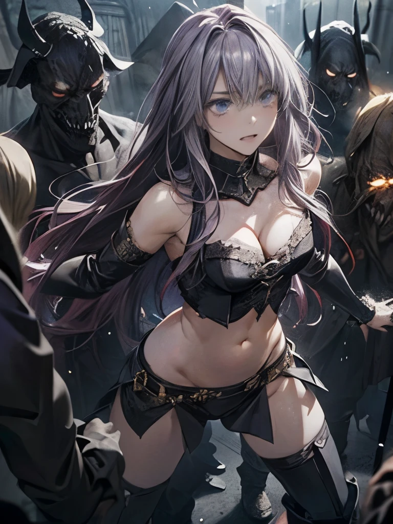 Best Quality、torture、 slave、Constraints、BDSM、Captured by a monster、Surrounded by monsters、defeat、 beautiful woman with very long purple hair、Full of wounds、tattered white armor（Small breasts、 cleavage、 off shoulder、Sleeveless、No elbow pads、belly button、 high leg、Exposed thighs）、White Armor Boots、Beautiful woman with very long purple hair 、 Tears Overflow 、 frightened expression 、Runaway 1:5、Attacked by monsters 1:5、Many violent monsters 1:5、Monster grabs arm.　Monster attacks from behind、Monster grabs the leg、Monster Swarm 1:5、midnight、 Darkness、Different world、 dark fantasy、Pitch Black Hell