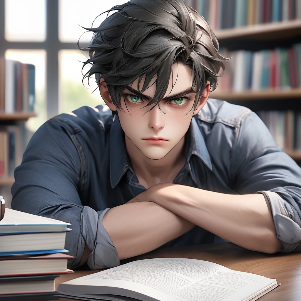 A close-up, full-body shot of the 19-year-old young man sitting alone at a table in the campus library. He's dressed casually but neatly - dark jeans paired with a light blue button-down shirt left untucked over it. His once messy black hair is now styled into an effortlessly tousled look that suits him well, framing those striking green eyes focused intently on the textbook open before him, ((perfect eyes)). ((grumpy)), high contrast, hyper-realistic, photorealistic, 8k, best quality, masterpiece, Anatomically Correct, Super Detailed, High Resolution, dreamy effect, ((detail eye))