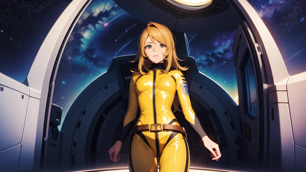 best quality, masterpiece, detailed,
<lora:SpaceBattleshipYamato2199_MoriYuki:0.9>, MoriYuki,
solo, closed mouth, light smile,
blonde hair, long hair, brown eyes,
MoriBodysuit, yellow bodysuit, belt,
standing, looking at the viewer,
science fiction, cockpit, starry sky