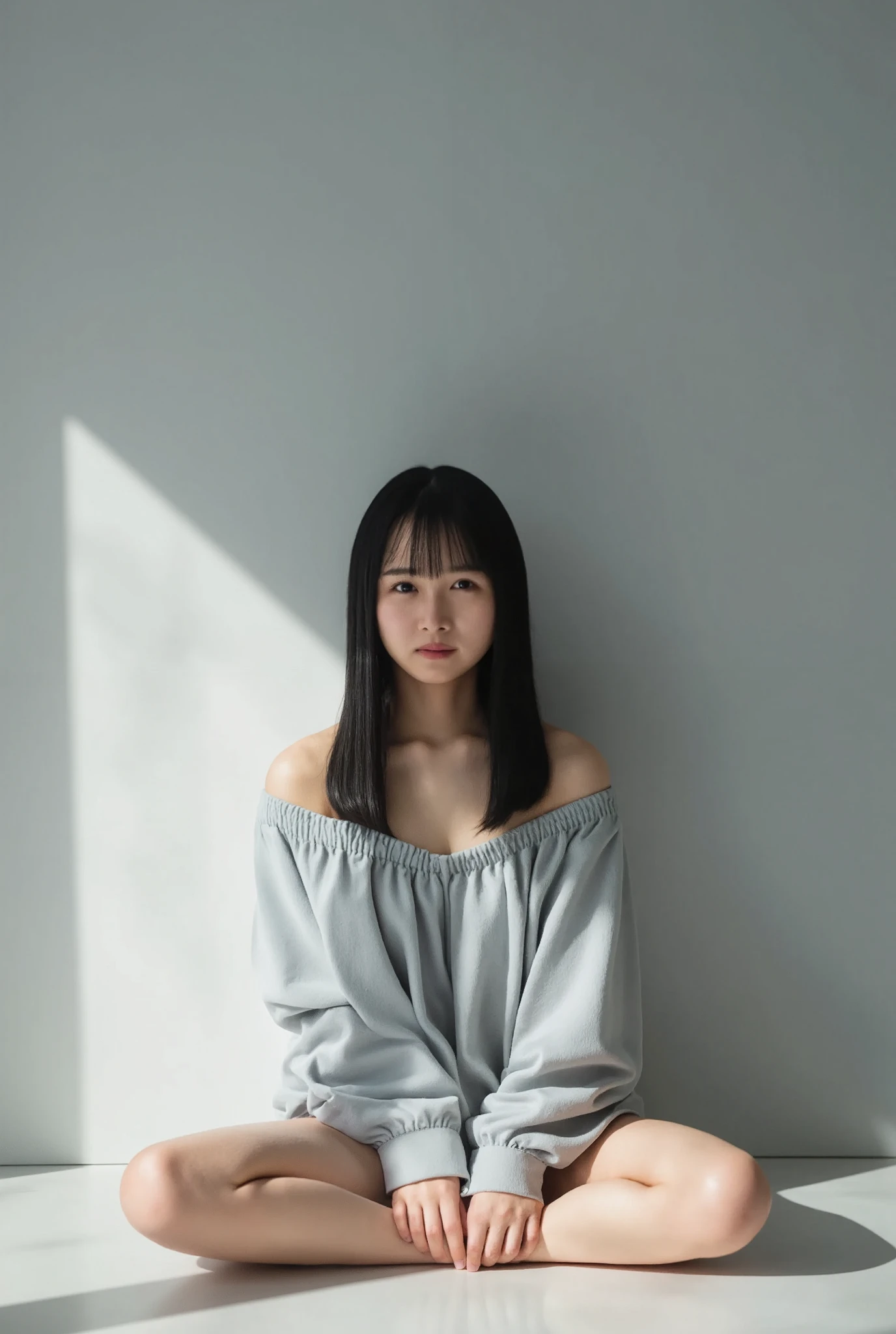  full body shot from the front 、 wear off-the-shoulder mini one-piece pajamas,  Bend your knees and take a cross-legged pose ,  and sit while staring at me , Slender bare legs  、smile、 The background is a monotone   

