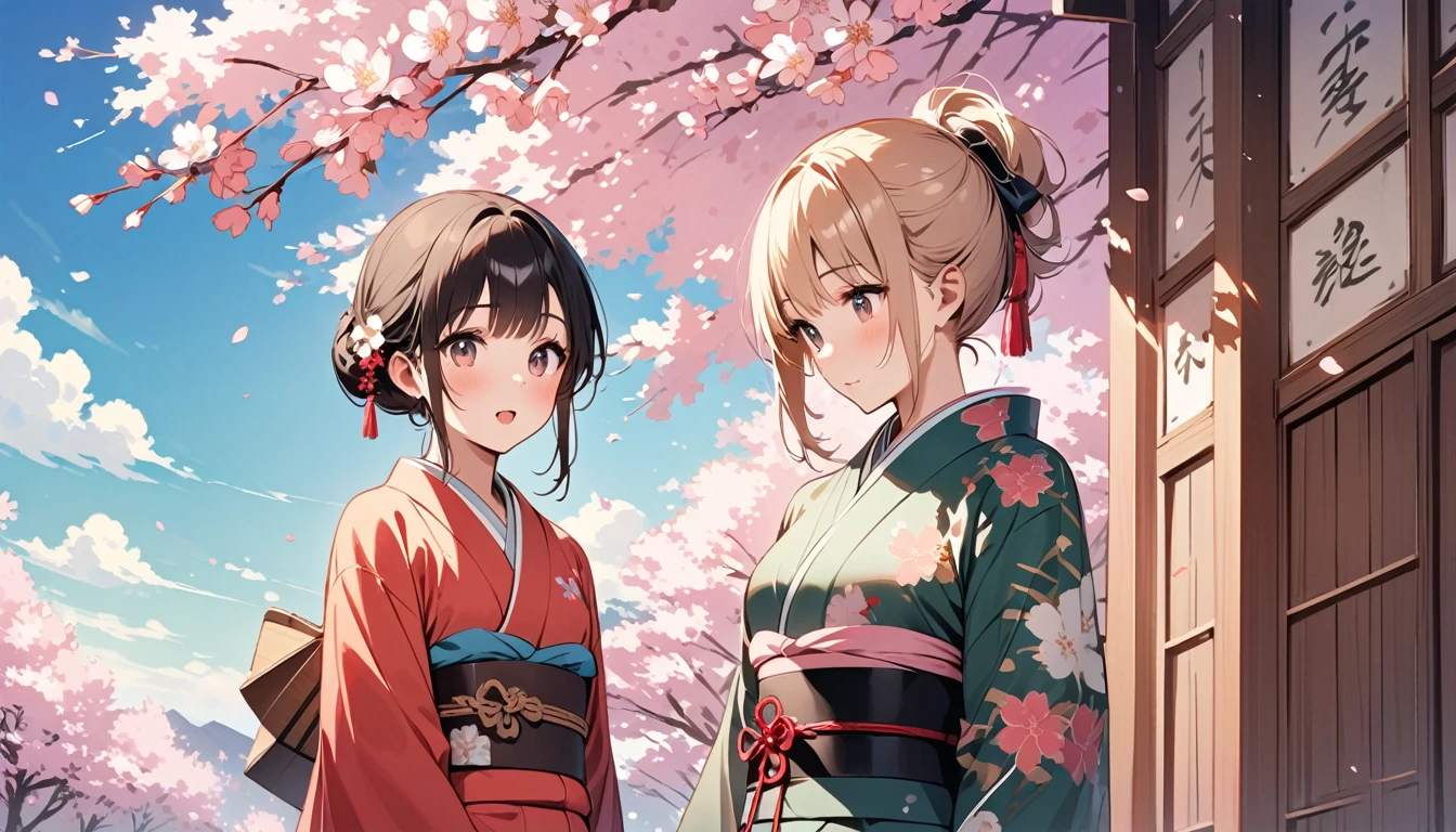 Modern Ukisei、 cute girl、kimono、( light brown round small beans、small and beautiful wooden box )、cherry blossoms
