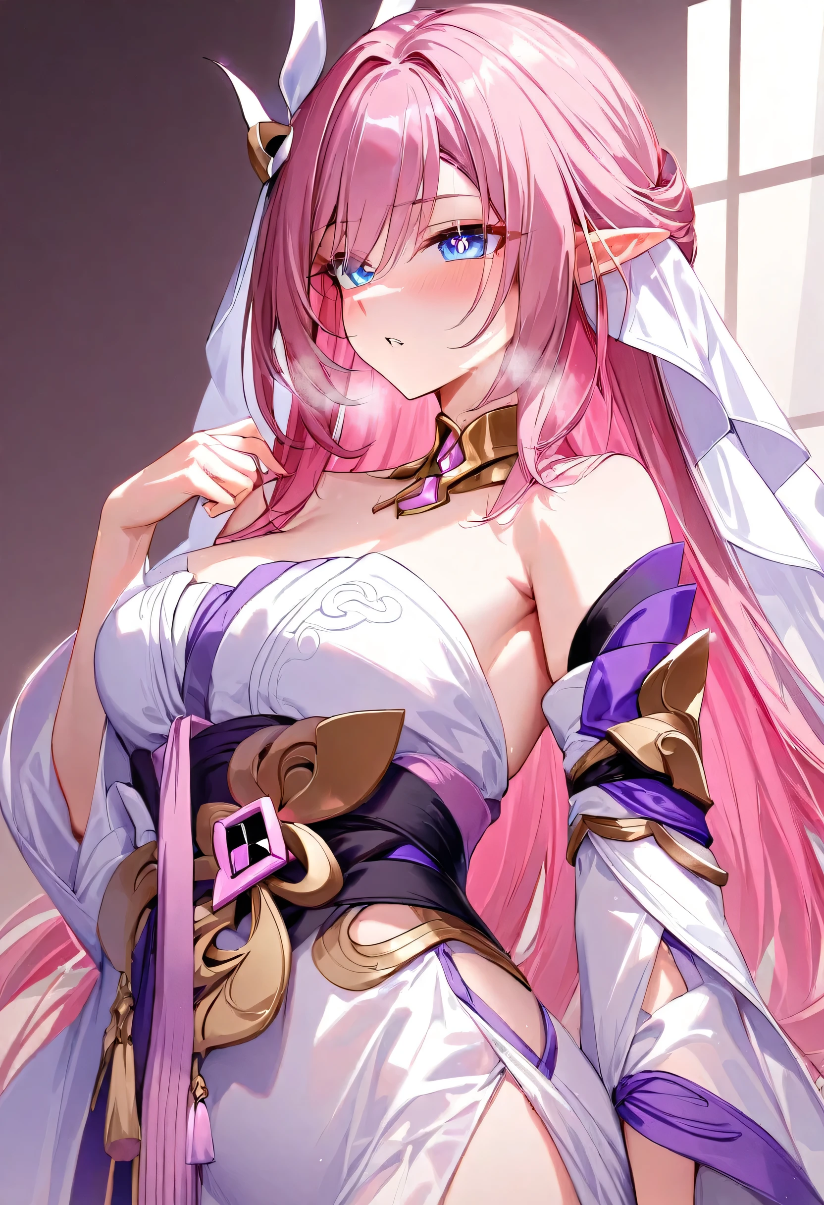 score_9, score_8_up, score_7_up, masterpiece, best quality, absurdres, vibrant, highly detailed, 1girl, solo, adult grown woman, elysia \(herrscher of human:ego\) \(Honkai impact\), pointed ears, pink hair, blue eyes, long hair, diamond-shaped pupils, heavy breathing, (traditional Japanese bridal kimono:1.6), (white ceremonial robe:1.5), (pink inner lining:1.4), (silk fabric with subtle crane patterns:1.3), (hooded veil:1.5), (red decorative tassels:1.4), (elegant knot accents:1.3), (long flowing sleeves:1.4), (modest and graceful design:1.5), (traditional Japanese aesthetic:1.4), (bridal formality:1.6), (minimalistic accessory style:1.4), (classic Japanese cultural attire:1.5)