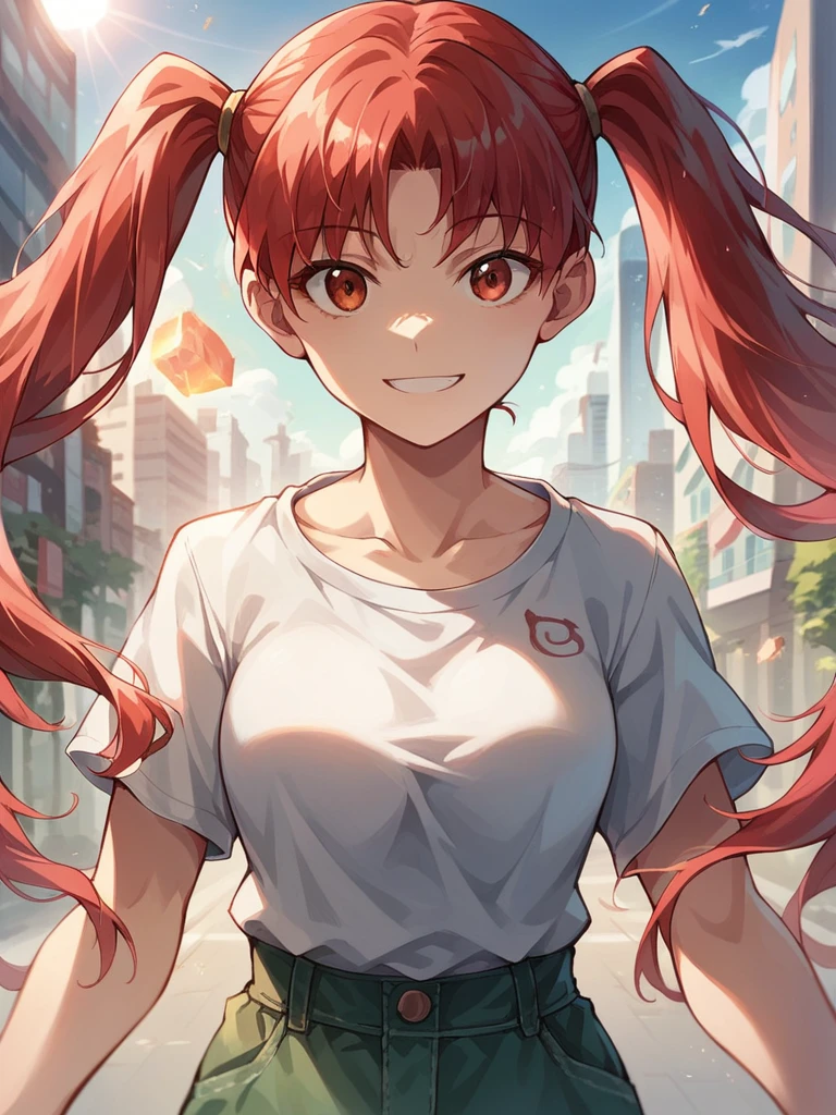 (digiNokia:1.3) , red hair, twintails, medium breast, energy, active, outdoors, uper body close_up, front view, looking at viewer, smile, city background, afternoon, sun rays, crowded, casual outfit, masterpiece, high quality, score_9, score_8_up, score_7_up, score_6, portrait