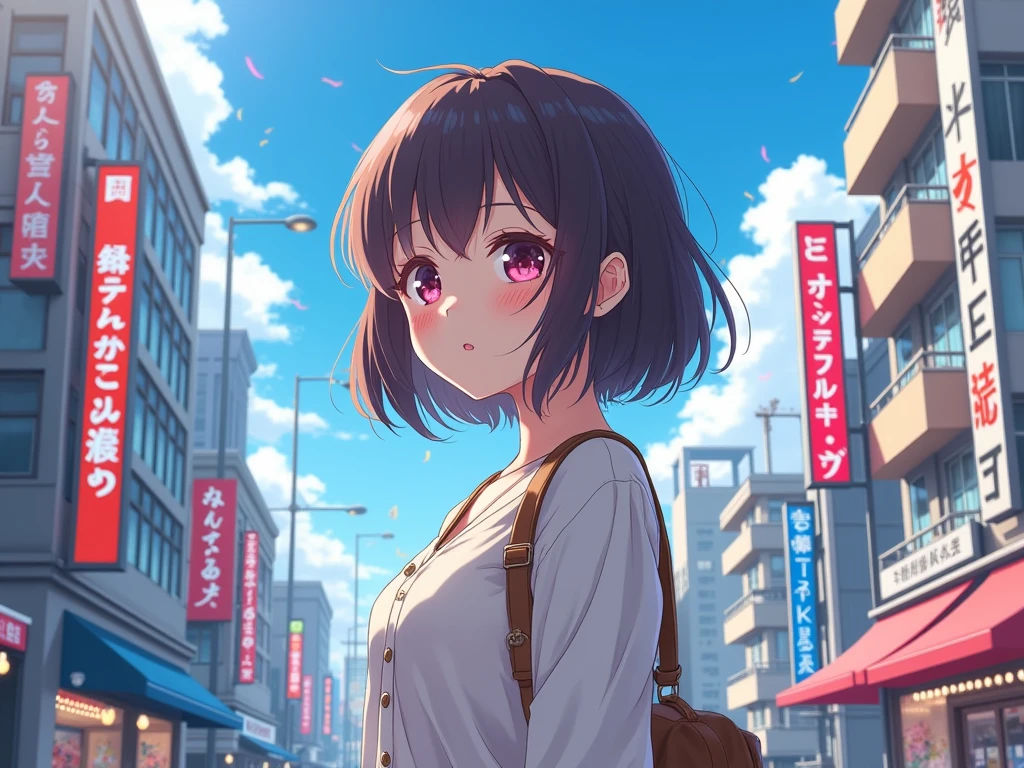 A girl is holding down the hem of her miniskirt so that her panties are not visible, her face looks embarrassed, on the street. cowboy shot, short bob, black hair, brown eyes,