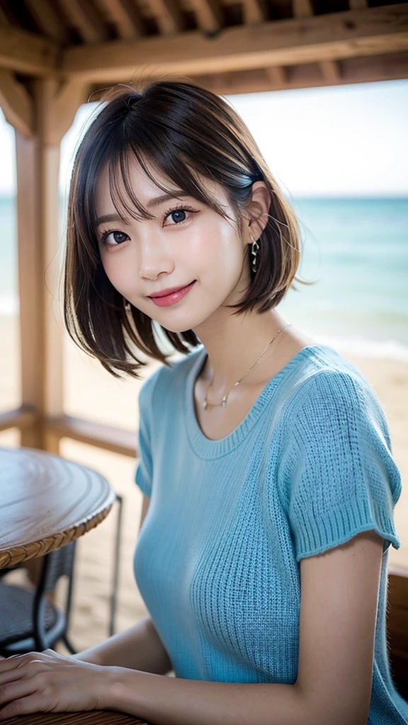 (RAW photos: 1.2), (Reality: 1.4), (best quality: 1.4), Ultra-high resolution, (delicate eyes), (Detailed facial features), (Detailed Clothing Features), HDR, 8k resolution, Focus only, Bangs, Firming skin, (Slim girl), Dreamy, Japanese, (Super detailed illustrations), landscape, No text, Medium breasts, Straight Hair, short hair, black hair, black eyes, A girl, whole body, The background is the park at night, fish pendant, light blue tight sweater, Lovely, Sexy, (Smile)