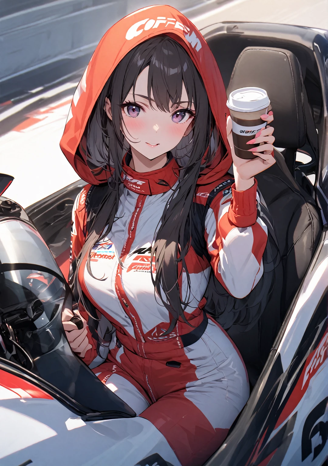 Beautiful woman in racing suit, sitting in hood of her racing car, with coffe in hand 