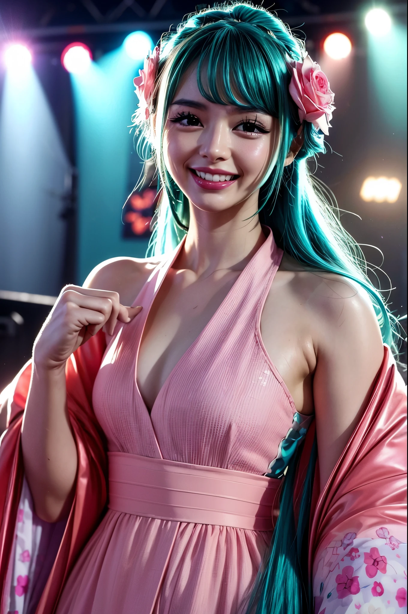 masterpiece, best quality, extremely detailed, hyperrealistic:1.1, photorealistic, a beautiful 20s japanese model, ultra detailed face:1.1, aqua hair, pink flower, pink kimono dress, smiling, on live stage, stage lighting, standing