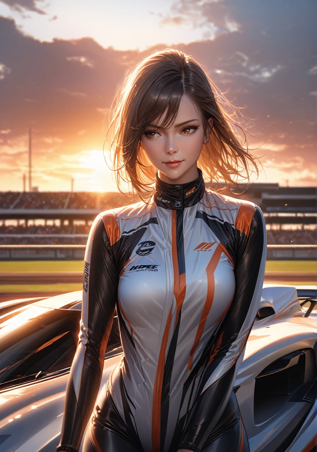 A stunning woman in a sleek, form-fitting racing suit sits confidently on the hood of her high-performance racing car, a warm cup of coffee held casually in one hand. Her expression is calm yet determined, a slight smile on her face as she gazes off into the distance. The car shines under the morning light, sleek and powerful, with aerodynamic lines that reflect her poised and fearless energy. The backdrop hints at a racetrack, adding to the thrill of the scene. Hyper-detailed, ultra-realistic, capturing the balance of strength and elegance, with a warm, golden sunrise illuminating the moment.