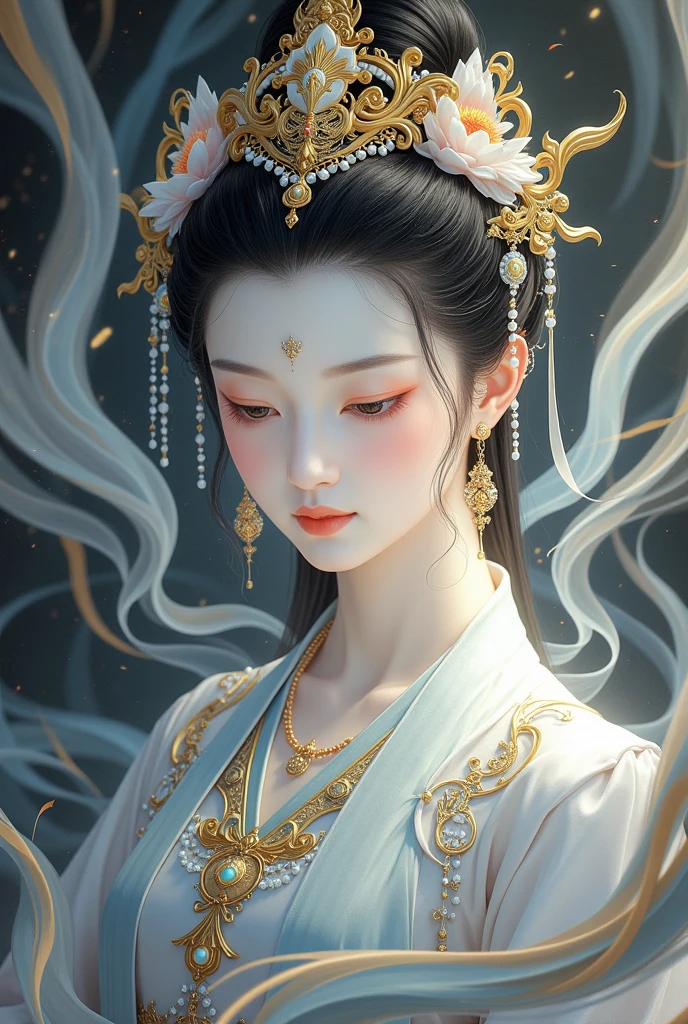  beautiful portrait of an elegant female Buddha, Goddess Chang'e ,  wears a crown of pearls  , surrounded by swirling mist and cloud, Calm expression,  Exquisite facial features ,  elegant hairstyle ,   elegant traditional Chinese goddess aesthetics , (((Star, cloud, mist:1.5))),  digital art, Complex lines, Gold details, art, Chinese Fantasy,  movie lights from the waist, photorealistic, 8K,  High Res, masterpiece