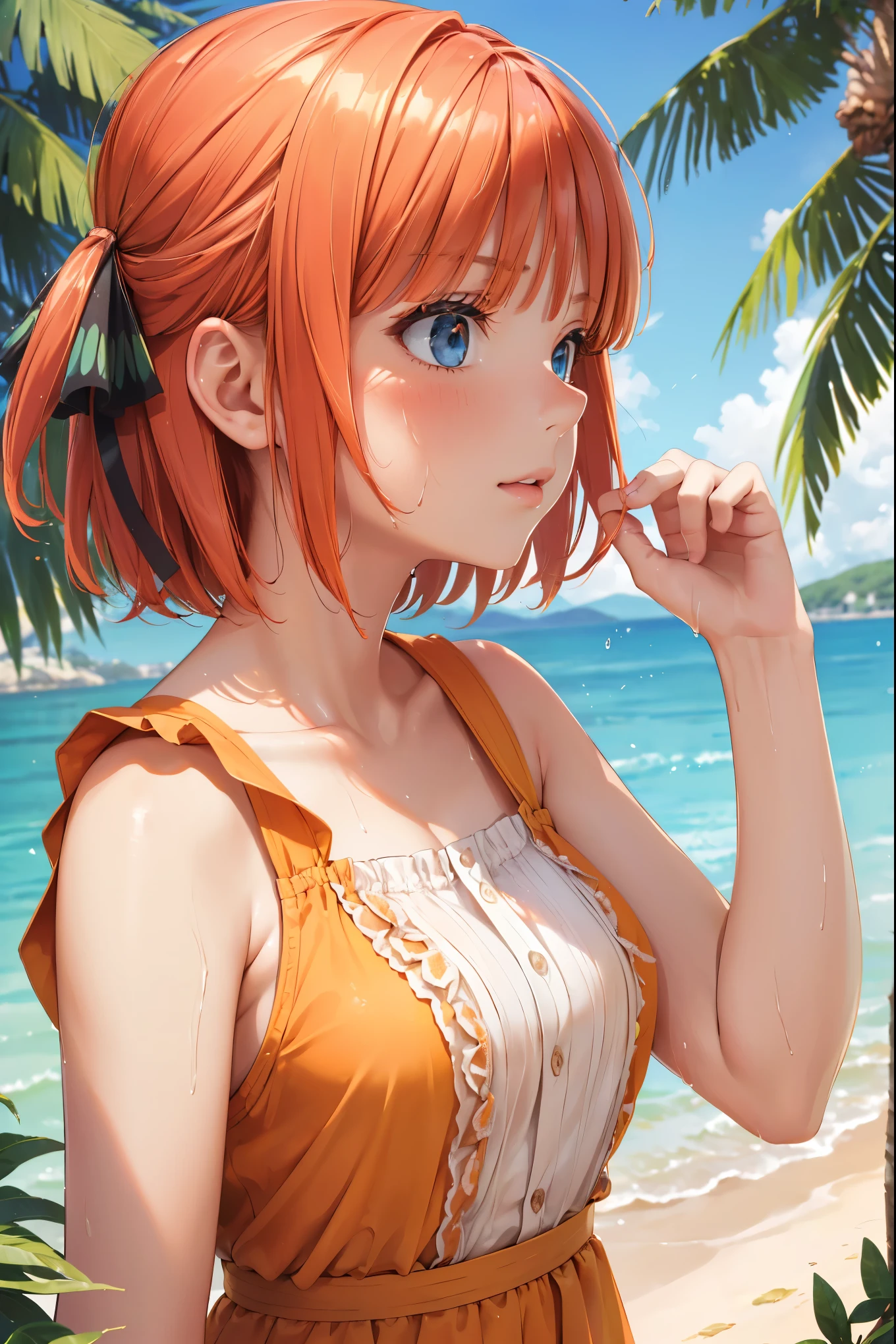 (masutepiece, Best Quality:1.2),Illustration,8K,hard disk,1girl in,Solo,Upper body,(Portrait:1.2),Large breasts,Orange hair,Long hair,Bow,grey eyes,Hair Ornament,Hair Ornament,Bikini swimwear,pareo,sea side,sand beach,evening