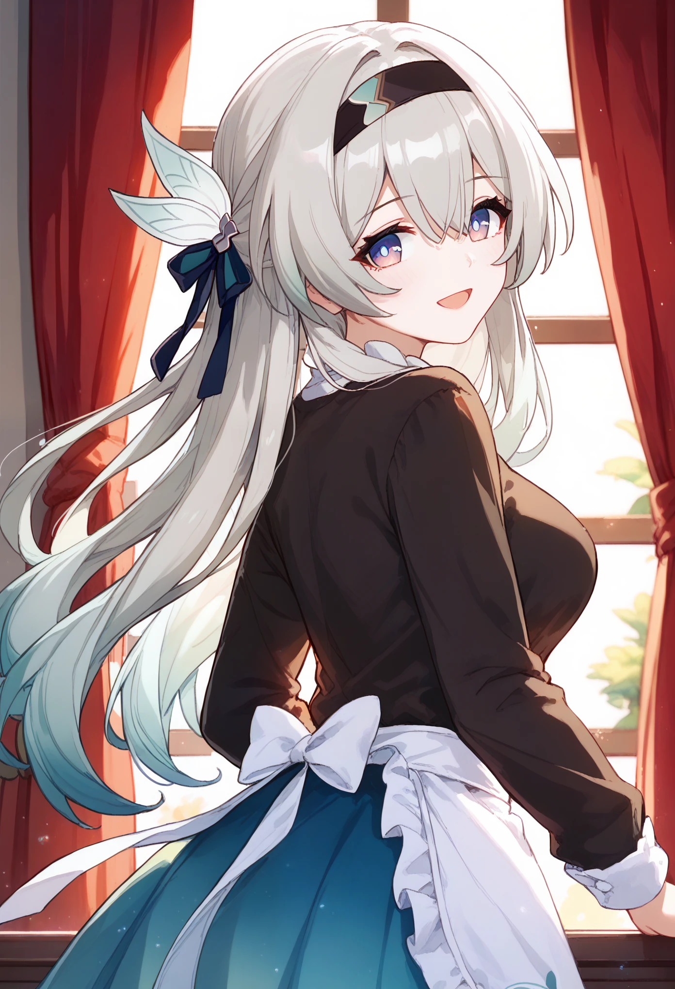 1girl, firefly,honkai star rail,solo, long hair, breasts, looking at viewer, blush, smile, open mouth, blue eyes, long sleeves, hair ornament, hair between eyes, white hair, grey hair, hair ribbon, ponytail, sidelocks, hair bow, indoors, looking back, black shirt, blue skirt, window, gradient hair, hair intakes, black hairband, curtains, white apron
