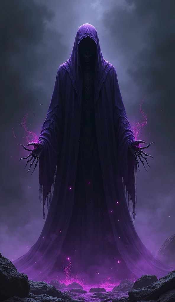 Dark purple necromancer in the endless darkness of the abyss