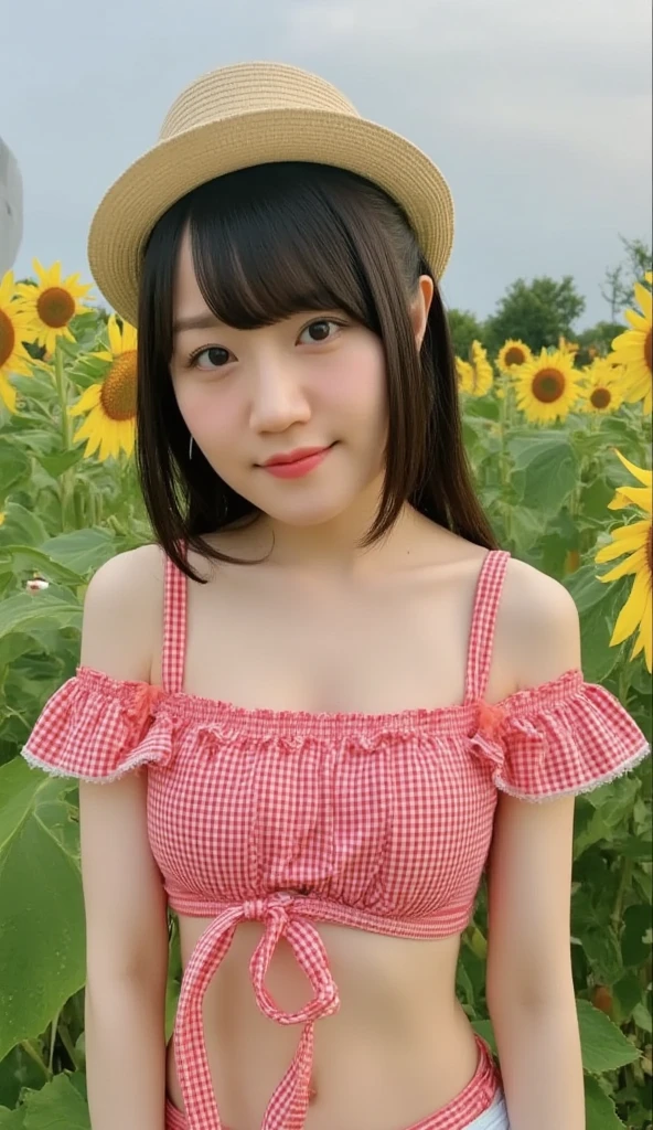 (((Beautiful sunflower field :1.5))),Composition  ,((( taken with sunflowers in the background:1.4))),High image quality, 32K,  extremely accurate anatomy, masterpiece, Realistic,  very detailed,   photo volume release ,  Hi-Res, (( cute pose :1.4, look up , cute hairstyle  )),  Smoother Light  ,  OFFICIAL ART,  written border depth , dark light,   detail face , ((smile:2.3)), Eye-pleasing details, Real textured skin,((( Blouse with open chest :1.5)))

