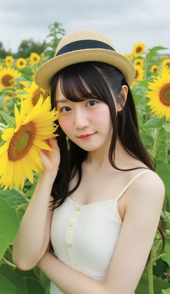 (((Beautiful sunflower field :1.5))),Composition  ,((( taken with sunflowers in the background:1.4))),High image quality, 32K,  extremely accurate anatomy, masterpiece, Realistic,  very detailed,   photo volume release ,  Hi-Res, (( cute pose :1.4, look up , cute hairstyle  )),  Smoother Light  ,  OFFICIAL ART,  written border depth , dark light,   detail face , ((smile:2.3)), Eye-pleasing details, Real textured skin,((( Blouse with open chest :1.5)))

