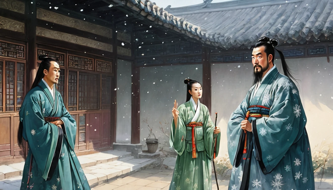 In front of a thatched house 、,  ancient Chinese scholars , Traditional Clothing, Embroidered robe, Zhu Geliang stands opposite Liu Bei, Guan Yu, and Zhang Fei, , gesture,  serious expression, Attention to detail, ,  standing position, snowflake