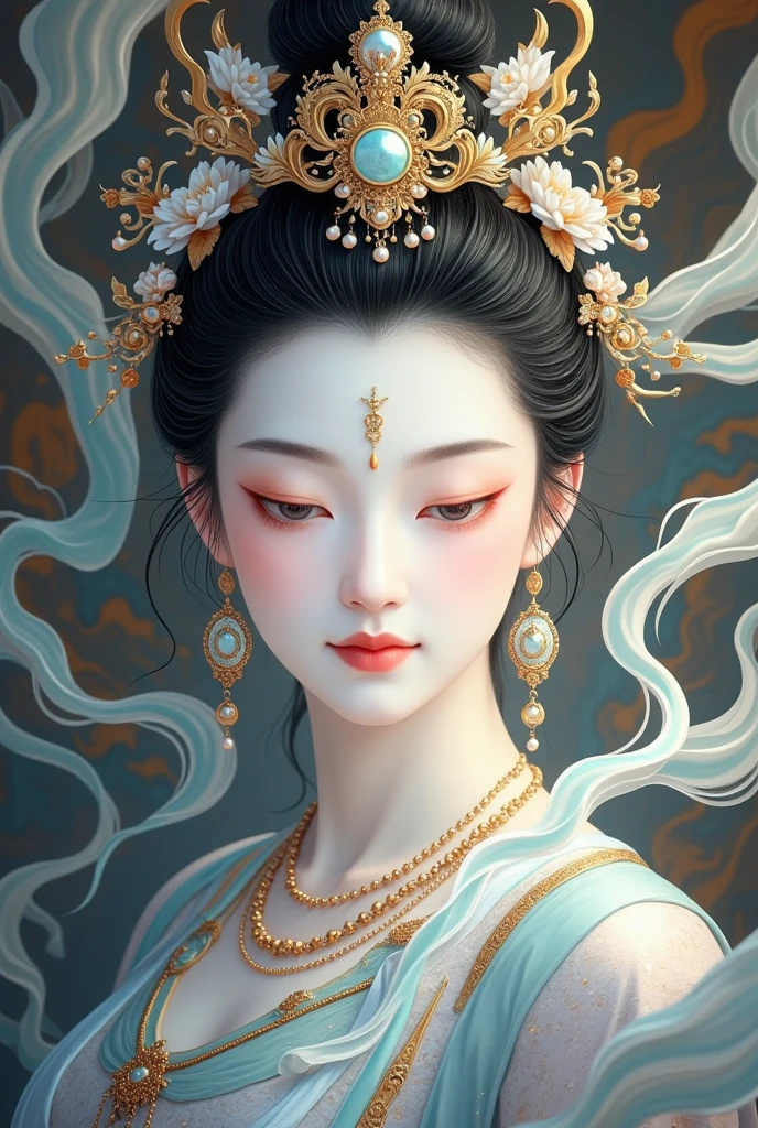  beautiful portrait of an elegant female Buddha, Goddess Chang'e ,  wears a crown of pearls  , surrounded by swirling mist and cloud, Calm expression,  Exquisite facial features ,  elegant hairstyle ,   elegant traditional Chinese goddess aesthetics , (((Star, cloud, mist:1.5))),  digital art, Complex lines, Gold details, art, Chinese Fantasy,  movie lights from the waist, photorealistic, 8K,  High Res, masterpiece