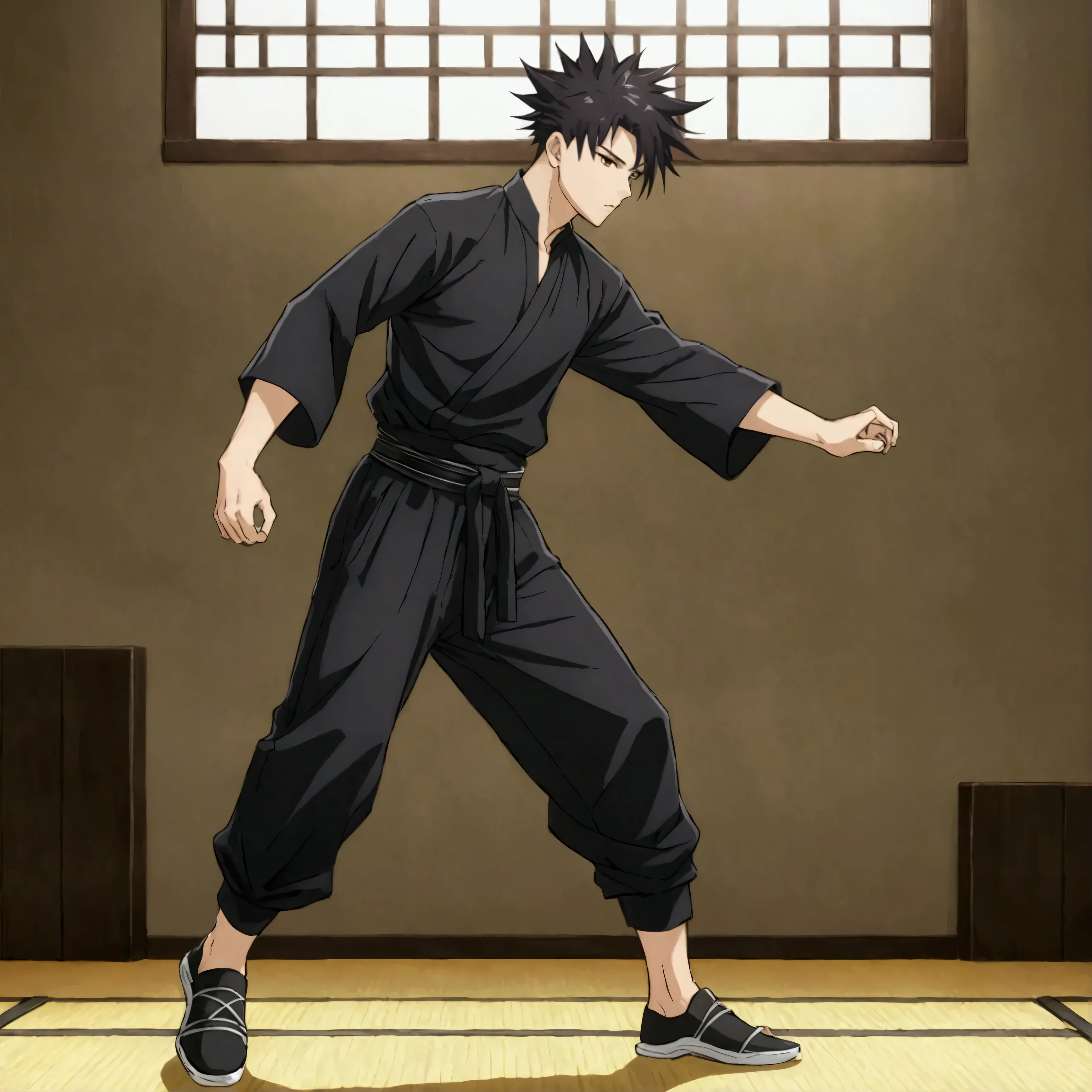 Male, Fair skin, frail body, spikey black hair with an undercut, Korean, very dark brown eyes, black fitted shirt, baggy white training pants with a black belt weaved through it, martial arts shoes