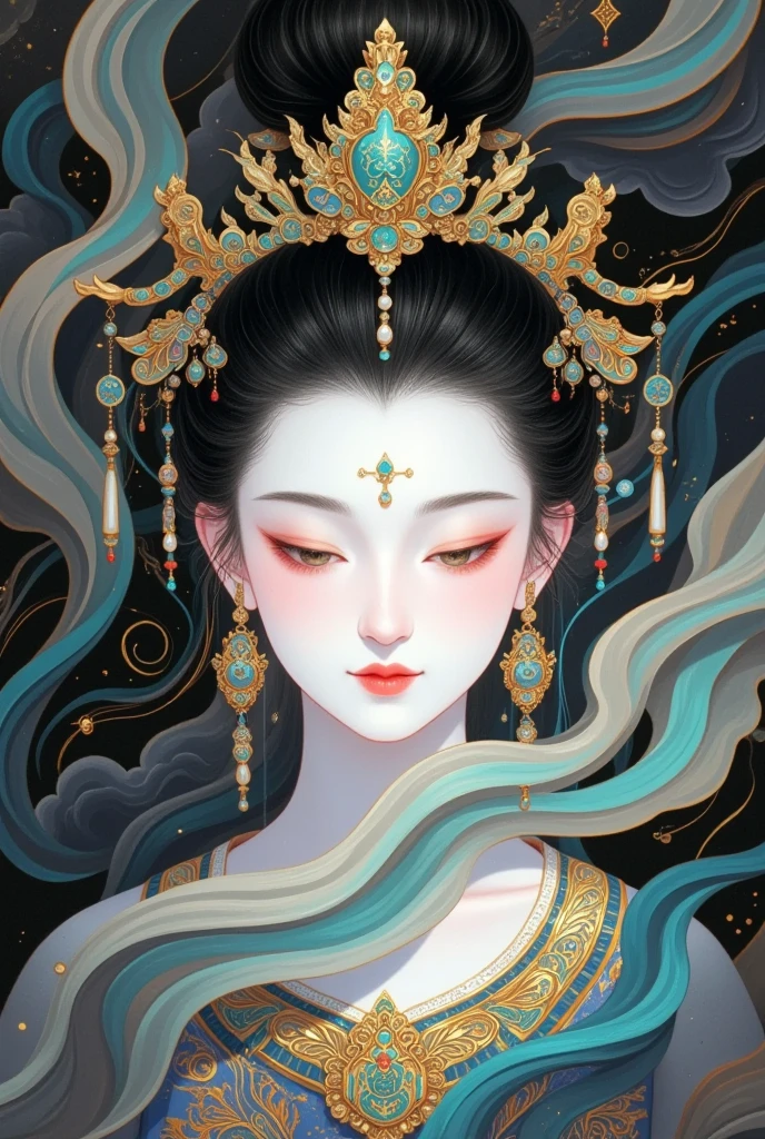  beautiful portrait of an elegant female Buddha, Goddess Chang'e ,  wears a crown of pearls  , surrounded by swirling mist and cloud, Calm expression,  Exquisite facial features ,  elegant hairstyle ,   elegant traditional Chinese goddess aesthetics , (((Star, cloud, mist:1.5))),  digital art, Complex lines, Gold details, art, Chinese Fantasy,  movie lights from the waist, photorealistic, 8K,  High Res, masterpiece