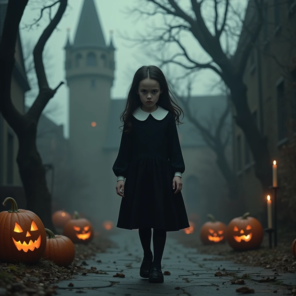 Gruesome and spooky details、Cute Smile、Mysterious atmosphere、young 9-year-old daughter of severus snape, black hair and green eyes in Wonderland、Enthusiastic atmosphere、Mischievous Smile、Expressive gestures、Comical movement、Psychedelic Mushroom Background
