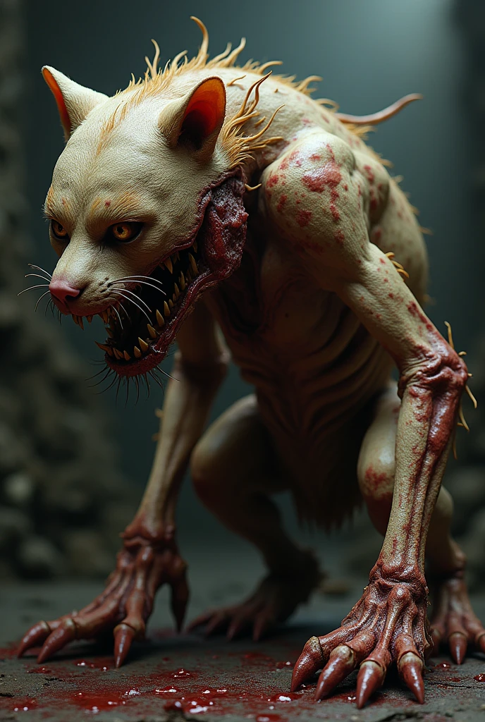(best quality,4k,8k,highres,masterpiece:1.2),ultra-detailed, colorful, ((slime; girl)), ((furry; Anthro Fox)), ravenous, ((horror)), ((devouring)) ((eating human)), dungeon background, soft lighting, bare breasts, ((punk hairstyle)), well-toned abs