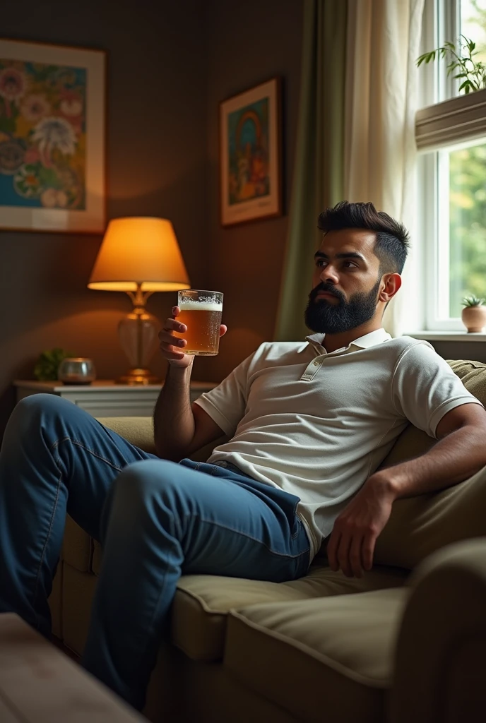 Virat kohli in sitting a brench and drinking beer at the house room