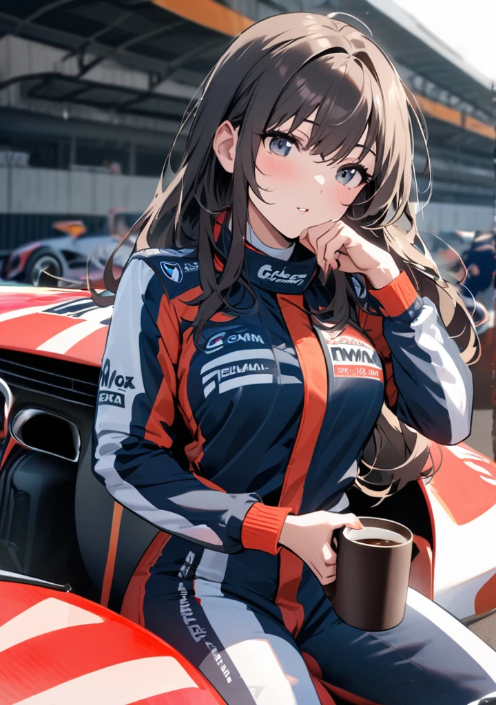 Beautiful woman in racing suit, sitting in her racing car, with coffe in hand 