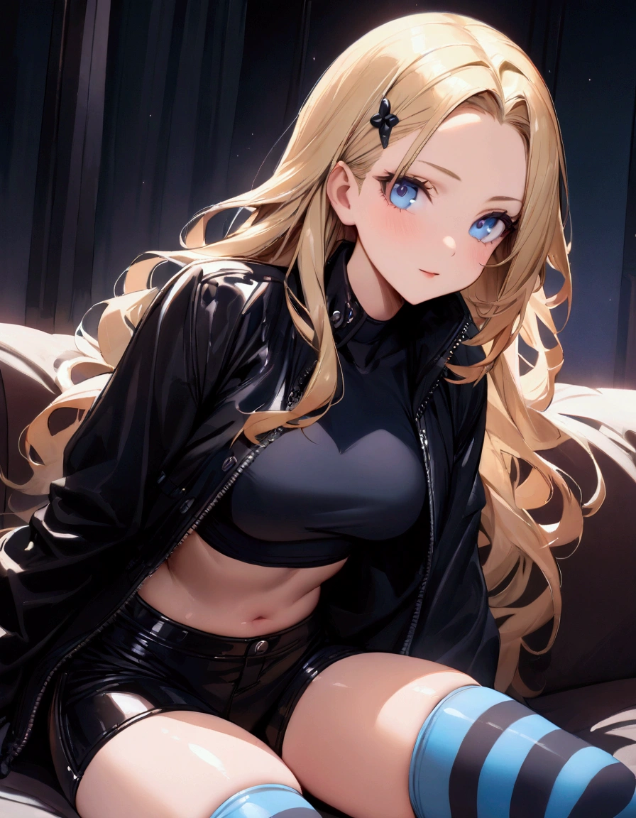 (masterpiece, best quality:1.2), expressive eyes, perfect face, highres, 1girl, solo, (female:1.5), NarukoUzumaki, blue eyes, blonde hair, long hair, facial mark, whisker markings, short hair, long sleeves, jacket, opened jacket, (naruto outfit), midriff, orange-black jacket, mesh shirt, pants, black pants, standing, upper body, looking at the viewer
