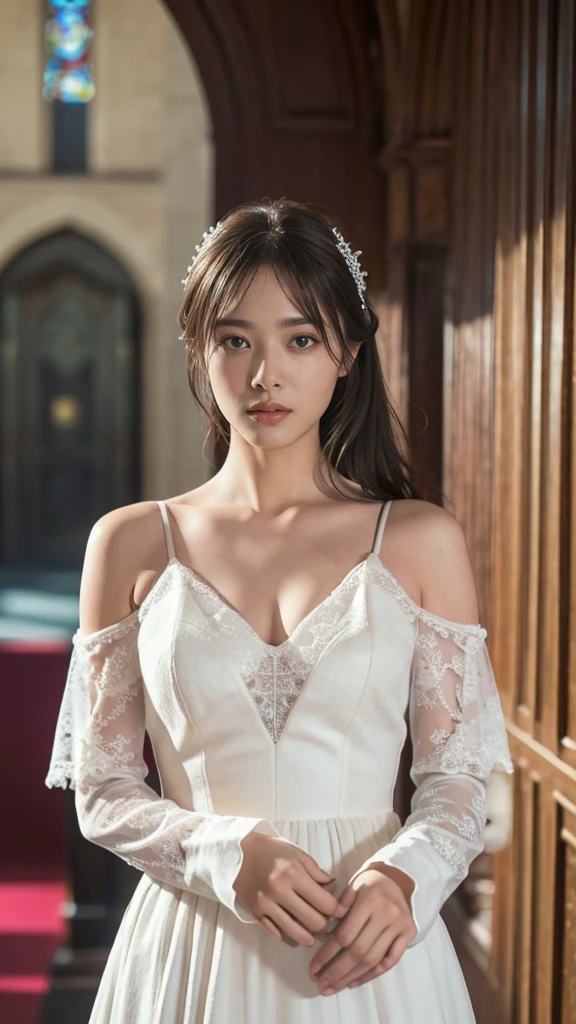 solo,  turn your gaze ,  Hi-Res, masterpiece,  Anatomically Correct , Best Quality,  details,  High Definition Model ,  Ultra High Definition,  textured skin, 8K Octane, Artistic, Cinematography, woman、 Pure White Wedding Dress、The background is a church with a view of the sea、