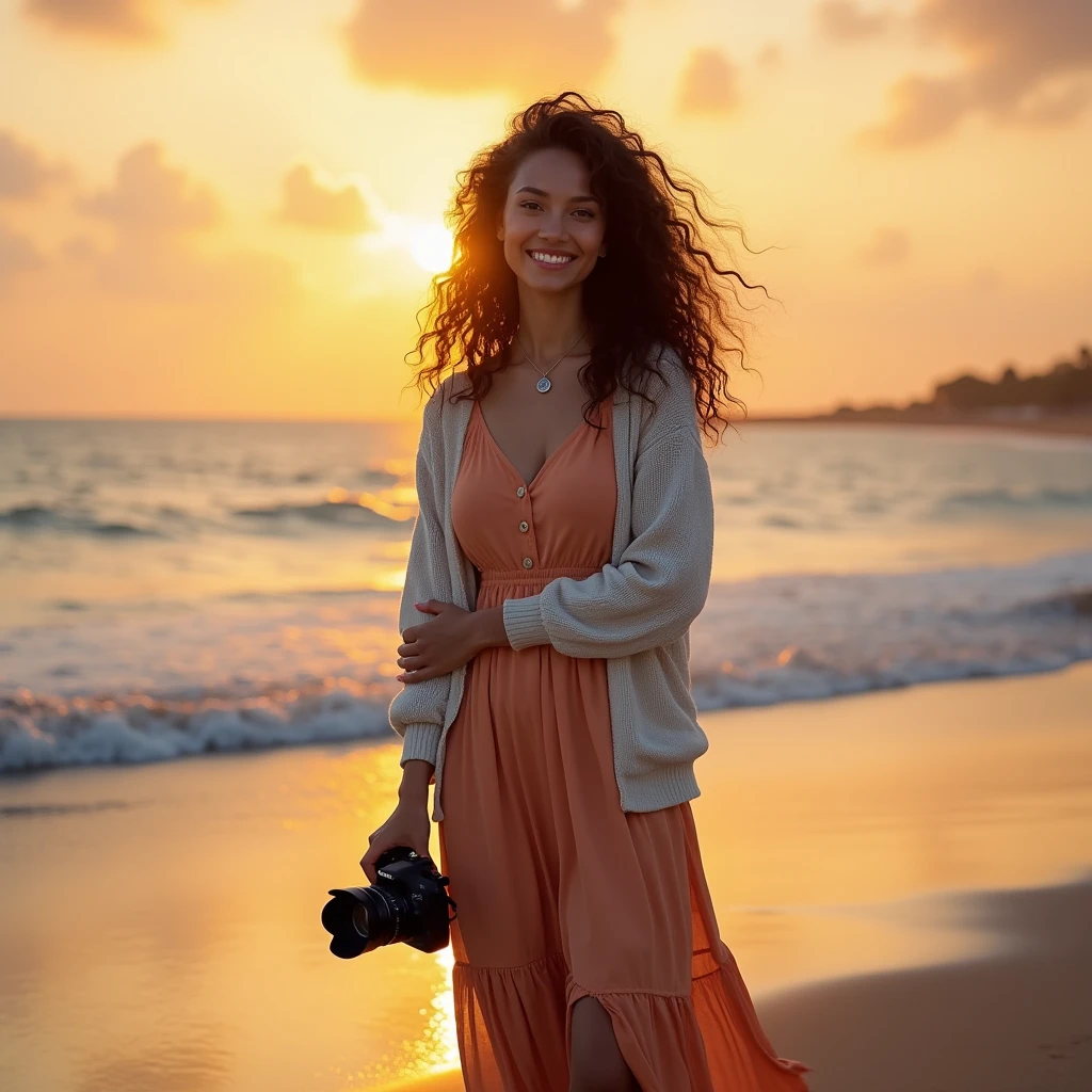Floral bikini with beach floral shirt (breast), short dark hair, 42 years old woman, turning and looking at the camera, smile and ready to give you a kiss, she is standing in the ocean, light particles, wet look, golden hour, realistic, masterpiece, highest quality, lens flare, shade, bloom, [[chromatic aberration]], golden hour