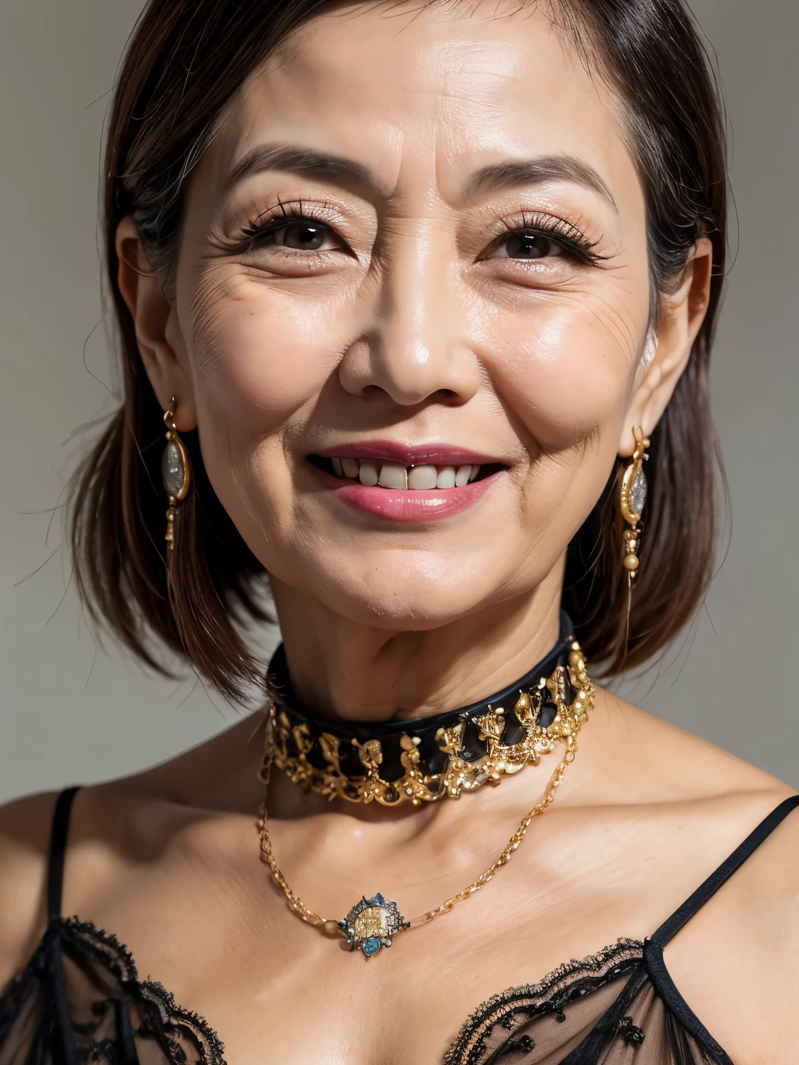 Fractal Art, gravure, look forward to, ((Wearing a dog collar)), slave, Flashy makeup, From the chest up, masterpiece, Highest quality, Very detailed, Realistic, Very detailed肌, Perfect Anatomy, (1 Japanese Mature), (alone), 120 years old, Big Breasts, Mature female politician, Glamour, sexy, Chromo White Skin, View your audience,