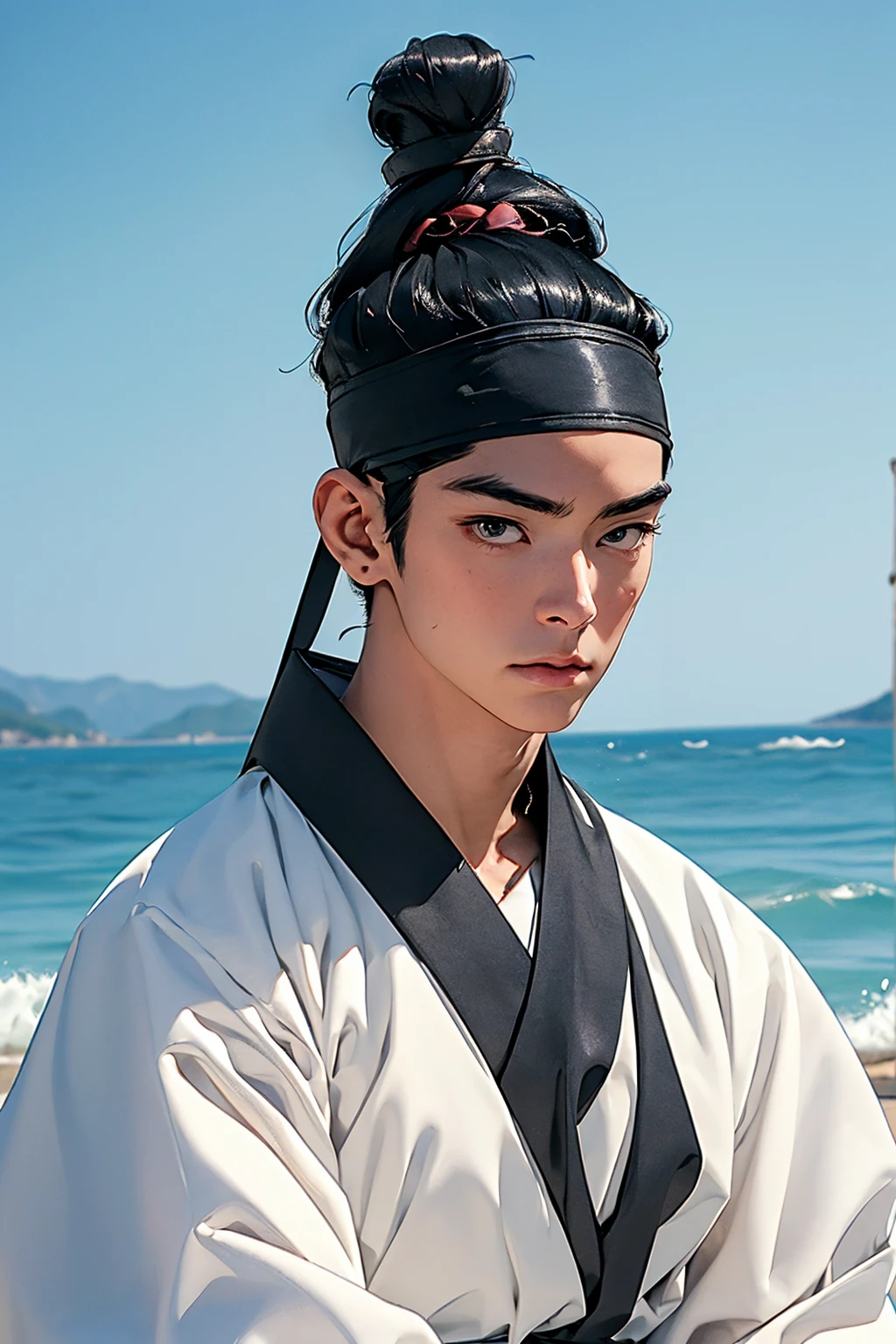 (absurdres, highres, masterpiece, best quality, ultra-realistic,ultra-detailed),(beautiful detailed face and eyes and hair:1.1),handsome,asian man,tall and muscular,broad shoulders,black hair,black eyes,datailed face,topknot,see-through headband,white hanbok,sad,upper body, sea background