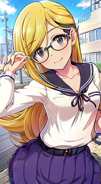 (1girl, solo, highly insanely detailed, masterpiece, top quality, best quality, highres, 4k, 8k, RAW photo),((innocent look)),((Childish)),From the front, symmetrical composition,smile,cute,Innocent,Kind eyes, kotonoha no niwa, park,flowers,lawn,trees, The Garden of Words, (Penny_crayon), solo, glasses, necktie, green skirt, beret, long hair, open mouth, pleated skirt, shirt, skirt, smile, pencil on hair, blonde hair, bead eyes