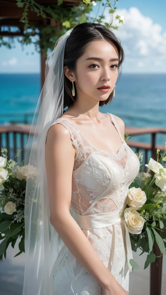 solo,  turn your gaze ,  Hi-Res, masterpiece,  Anatomically Correct , Best Quality,  details,  High Definition Model ,  Ultra High Definition,  textured skin, 8K Octane, Artistic, Cinematography, woman、 Pure White Wedding Dress、The background is a chapel with a view of the ocean、