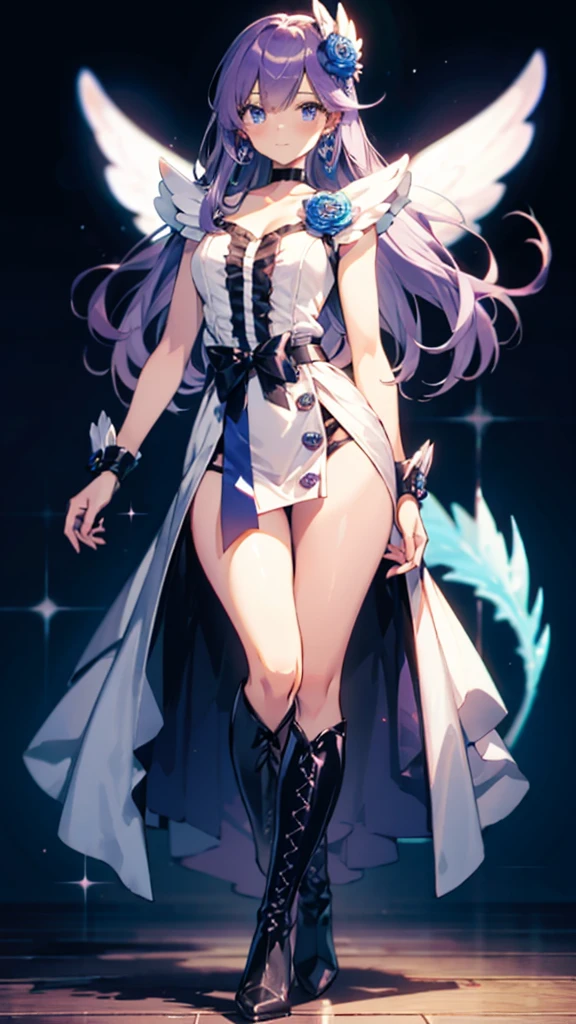 (High-definition CG), (Best Quality),((full body))， 1 girl,Alone, cure moonlight，sidelocks, hair ornament, blue rose, wrist cuffs, ribbon, single elbow glove, boots, eyelashes, serious， spats，Purple Hair， black choker ,  earrings for a woman alone, Blue Flower, Magical Girl, Waist Bow , Cure Moonlight Dress,  jewellery, flower, Wrist Cuffs,   Single Elbow Glove,  boots, eyelash, perfect face,  shiny skin,  wide hips, thin waist,Knee-high  boots， elbow bag, 1 girl, Long Hair, Muscular，Big Breasts， THICK THIGS ，Pose in front