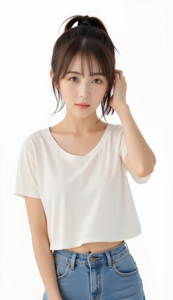 Picture taken from the front, with the left and right sides equally spaced, draw symmetrically, simple background, equally spaced left and right, stand upright, (cowboy shot), (arms behind back:1.5), One girl, 18 years old, very short hair, ((white t-shirt, navy blue panties))