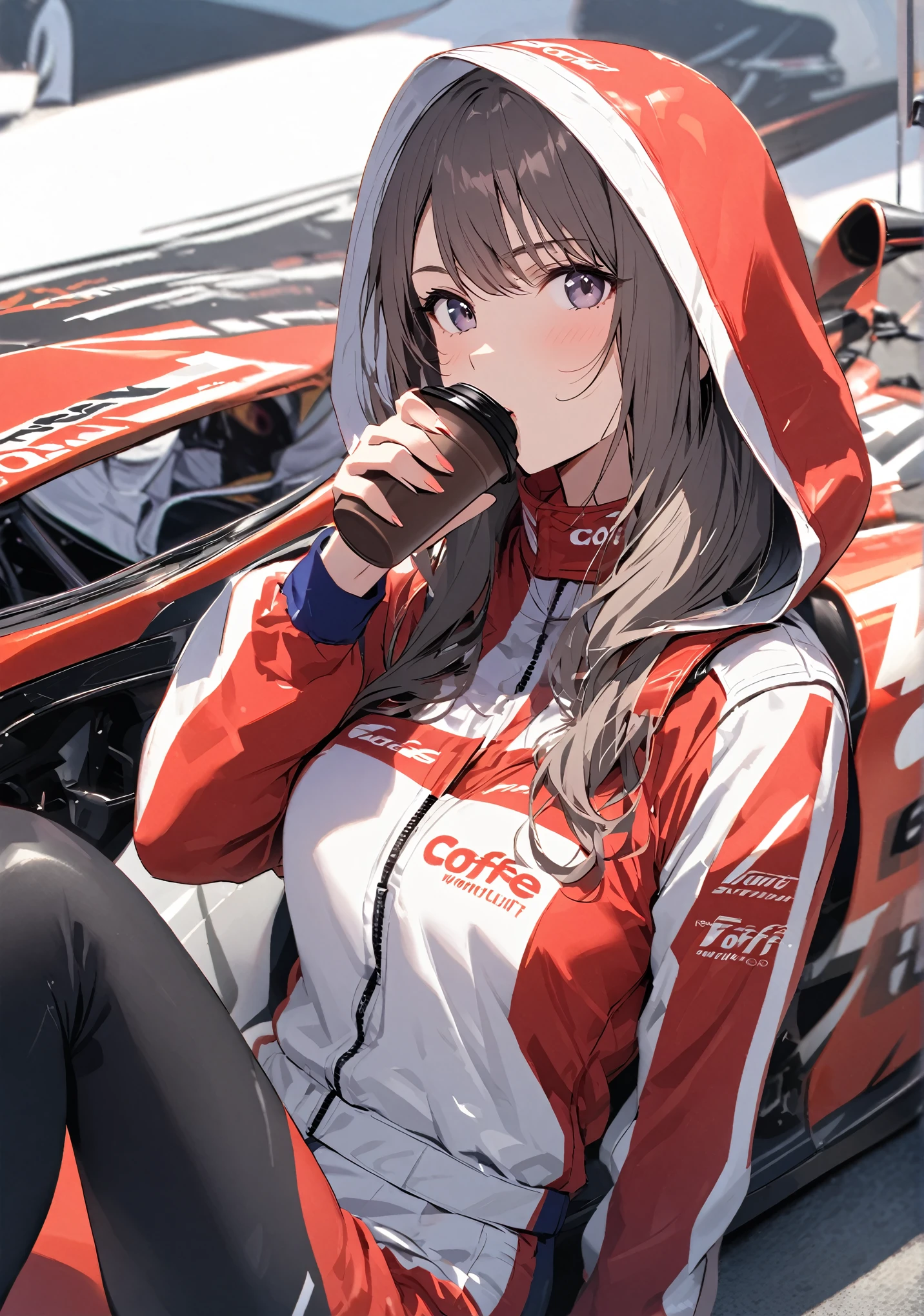 Beautiful woman in racing suit, sitting in hood of her racing car, with coffe in hand 