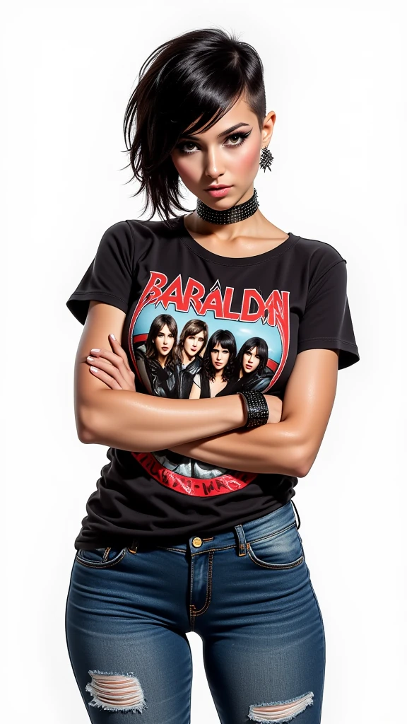 Spiked Choker Attitude
A Saudi Arabian punk girl with short, edgy black hair styled in a choppy cut, rocking a spiked choker, ripped jeans, and a graphic tee featuring a famous rock band logo. She crosses her arms and gazes intensely at the viewer. The background is a stark, simple white to highlight her rebellious fashion.