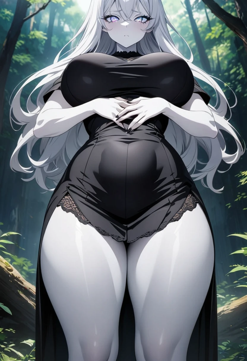 Masterpiece, Anime, Anime girl, Anime character art, district image, sharp focus, 4K,8K, outrageous resolution, top quality, best quality, ultra detailed, beautiful girl, 1 girl,solo,white skin, pale skin, colored skin:white, black fingernails, correct anatomy, slender body, curvy body, standing, white hair,silver eyes, eyelashes, detailed eyes, beautiful eyes, long white hair, smooth hair, big breasts, large breasts, huge breasts, large breasts:2.0, thick, thick breasts, thick thigh, thick hips, black dress, long dress, short sleeves,Lace dress, pleated dress, luxury dress, skirt cover legs, in forest, daytime,composed attitude, indifferent expression, emotionless expression, emotionless face, front view, looking at viewer ,hands on belly, standing 